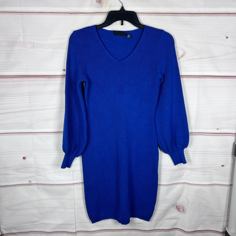 Nina Leonard Sweater Dress Women S Blue V-Neck Long Balloon Sleeve Ribbed Knit